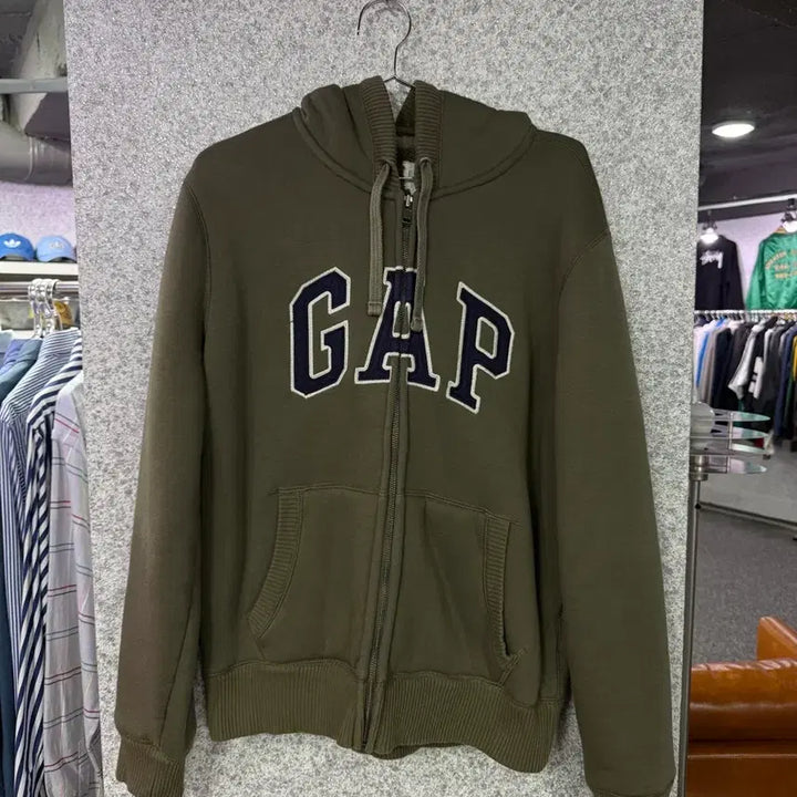 [BUNJANG] Gap Logo Fleece Hoodie Zip-Up Khaki L / 갭 로고 기모 후드집업 카키 B4711