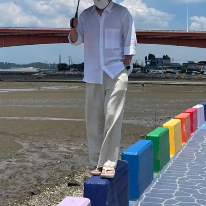 [BUNJANG] Linen Shirt and Wide Pants Set (Beige) / 린넨 셔츠+린넨 와이드 팬츠 베이지 일괄