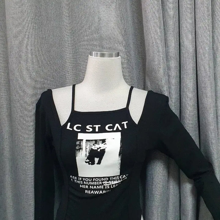 [BUNJANG] LC ST CAT Printing Black Long Sleeve T-Shirt / LC ST CAT 프린팅 블랙 긴팔 티셔츠
