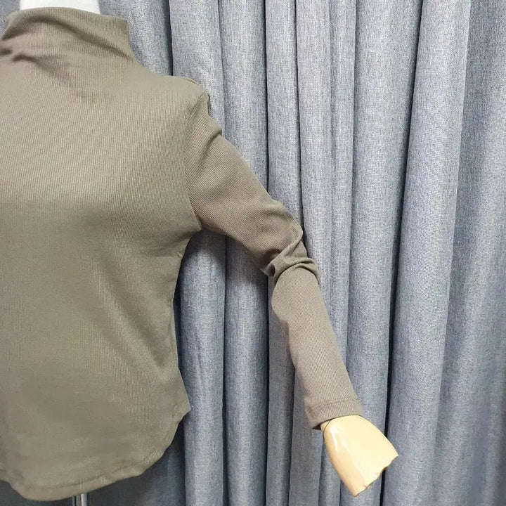 [BUNJANG] Khaki Ribbed Mock Neck Long Sleeve / 카키 골지 반목 롱슬리브