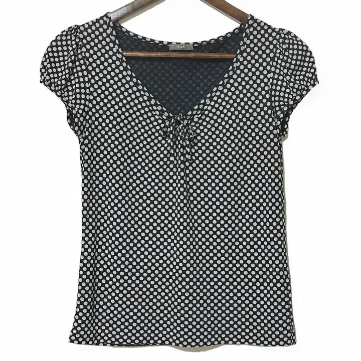 [BUNJANG] Vintage Black Polka Dot Cap Sleeve T-Shirt with Shirring Ribbon / 일본빈티지 도트땡땡이 셔링리본 캡소매반팔티블랙 모리걸하구미룩갸루y2k히피