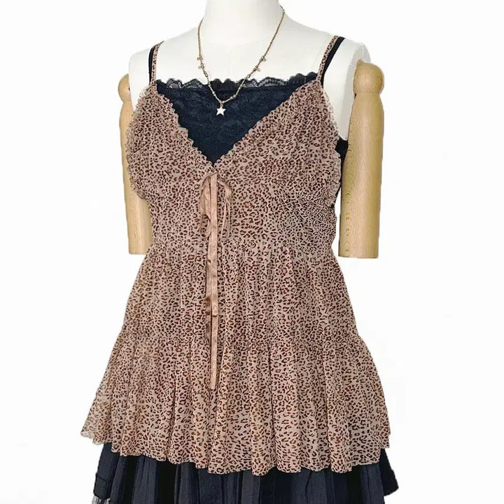 [BUNJANG] Vintage Leopard Print Shirring Strap Camisole Slip / 일본빈티지 리본쉬폰레오파드호피 셔링끈나시슬립 모리걸하구미룩갸루y2k히피