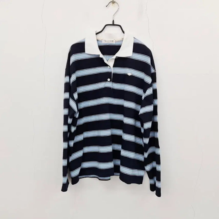 [BUNJANG] Tiladadi Cotton Stripe Collar Polo Rugby Shirt M Navy / 틸아이다이 코튼 스트라이프 베이스 카라 폴로 티셔츠 럭비티 M 네이비
