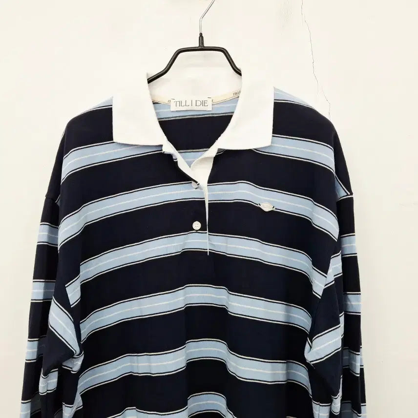 [BUNJANG] Tiladadi Cotton Stripe Collar Polo Rugby Shirt M Navy / 틸아이다이 코튼 스트라이프 베이스 카라 폴로 티셔츠 럭비티 M 네이비