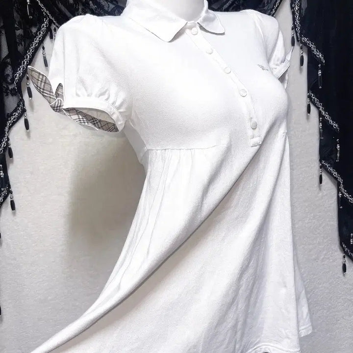 [BUNJANG] Burberry Blue Label White Collar Dress Puff Shoulder Check Ribbon / 버버리 블루라벨 화이트 카라 원피스 퍼프숄더 체크 로걀탑 로맨틱갸루 핀터