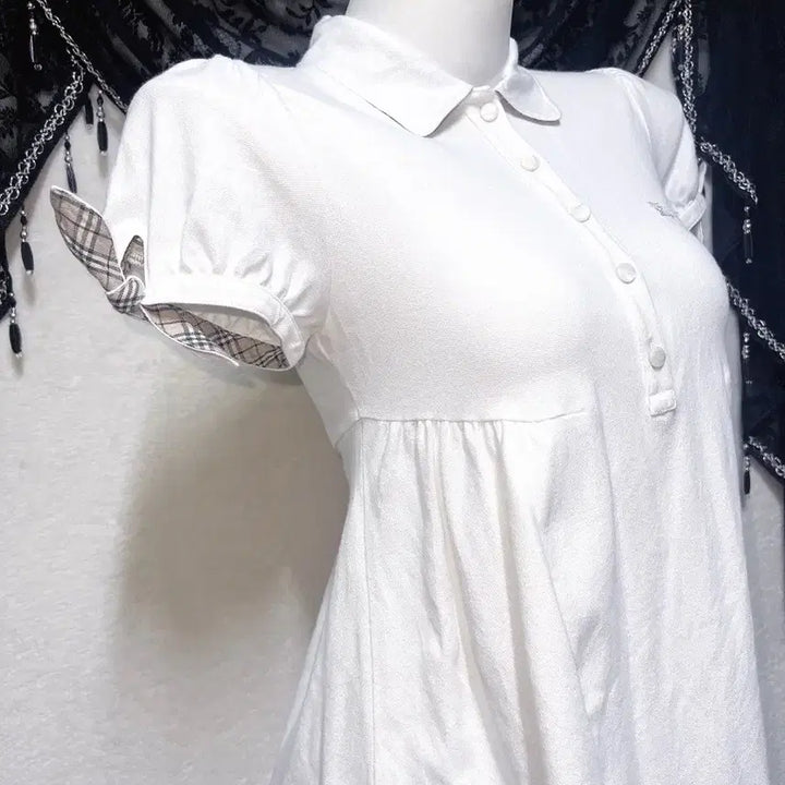 [BUNJANG] Burberry Blue Label White Collar Dress Puff Shoulder Check Ribbon / 버버리 블루라벨 화이트 카라 원피스 퍼프숄더 체크 로걀탑 로맨틱갸루 핀터