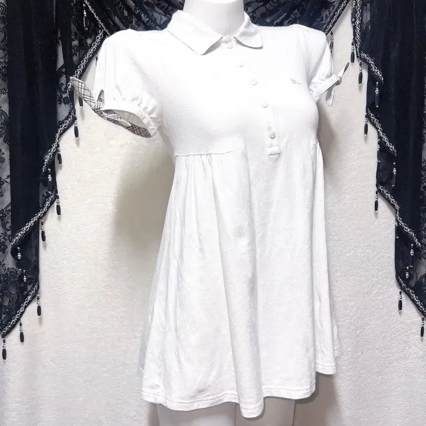 [BUNJANG] Burberry Blue Label White Collar Dress Puff Shoulder Check Ribbon / 버버리 블루라벨 화이트 카라 원피스 퍼프숄더 체크 로걀탑 로맨틱갸루 핀터