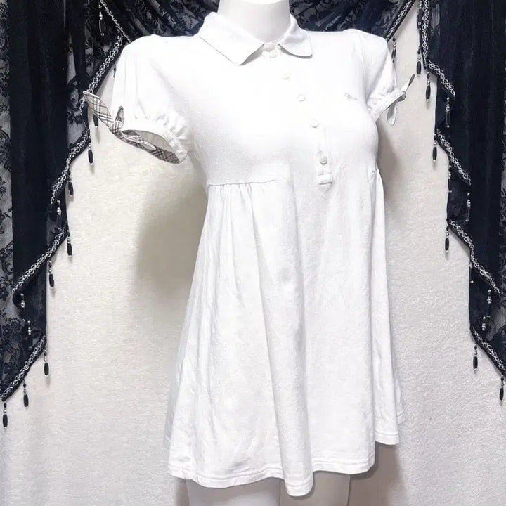 [BUNJANG] Burberry Blue Label White Collar Dress Puff Shoulder Check Ribbon / 버버리 블루라벨 화이트 카라 원피스 퍼프숄더 체크 로걀탑 로맨틱갸루 핀터