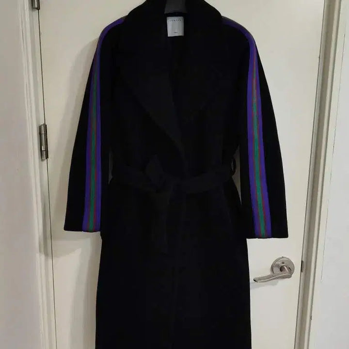 [BUNJANG] Sandro Black Stripe Wool Belted Long Coat / 36 산드로 블랙 스트라이프 울 벨티드 롱코트