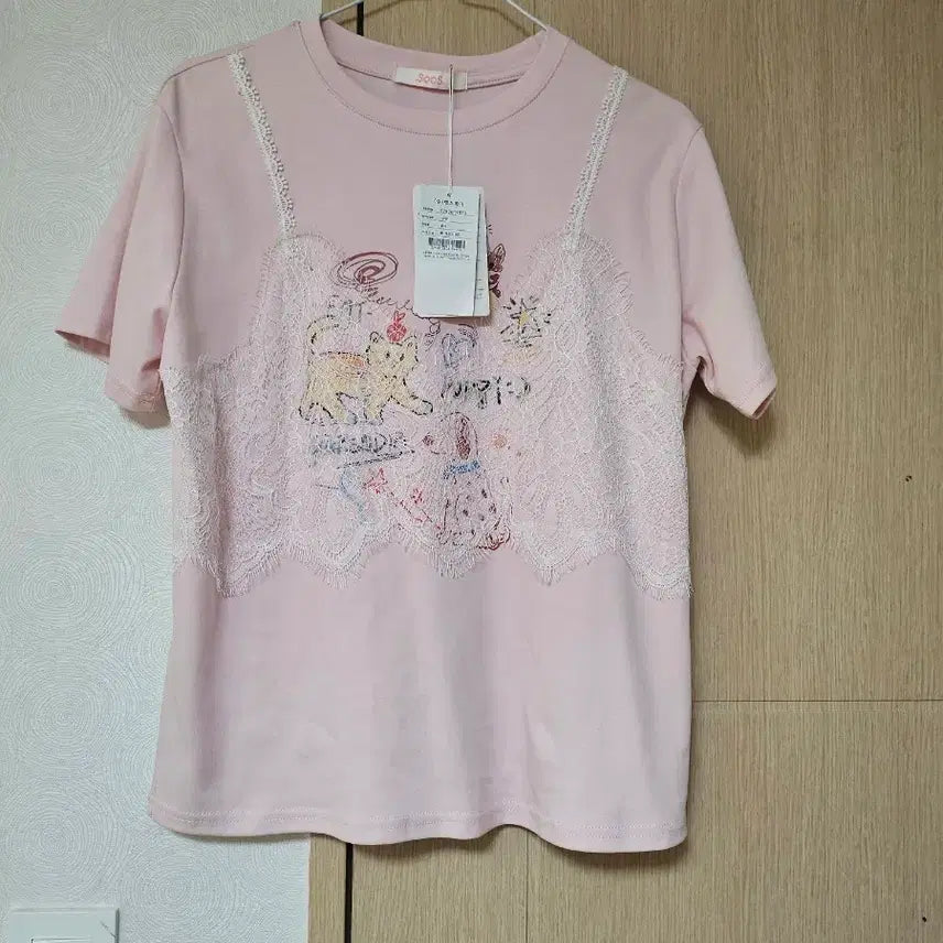 [BUNJANG] Soos Pink Lace Short Sleeve T-Shirt / Soos 핑크 레이스 반팔 티셔츠