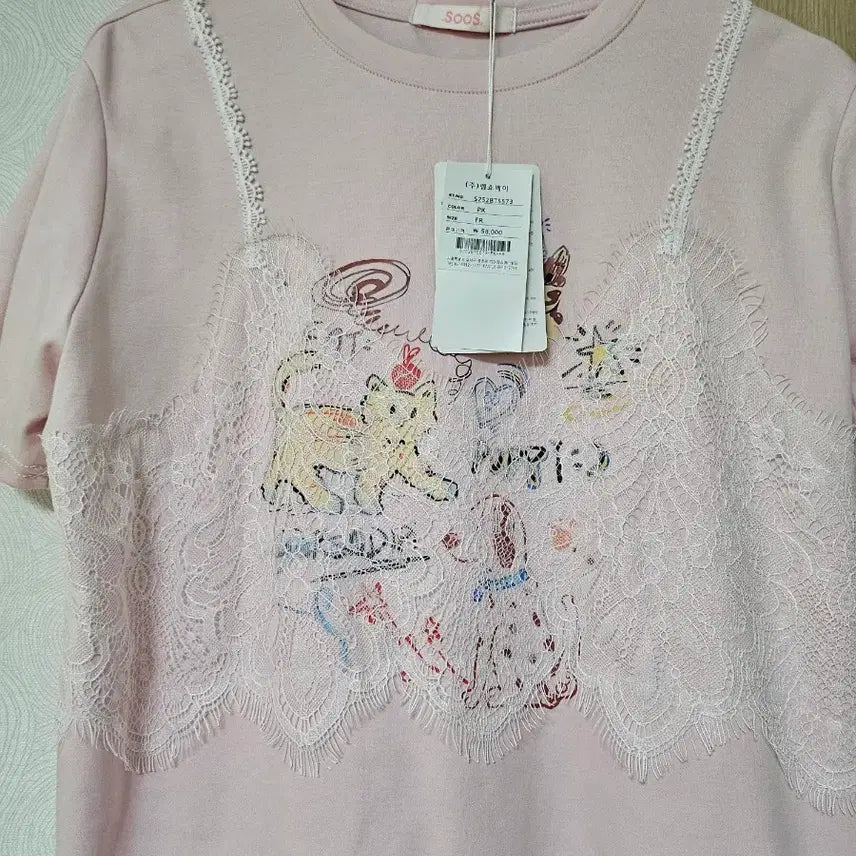 [BUNJANG] Soos Pink Lace Short Sleeve T-Shirt / Soos 핑크 레이스 반팔 티셔츠