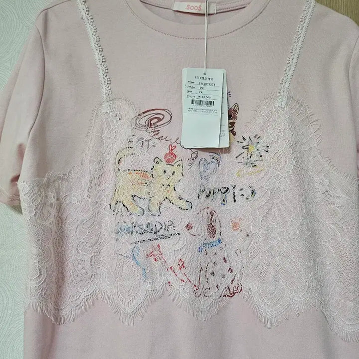[BUNJANG] Soos Pink Lace Short Sleeve T-Shirt / Soos 핑크 레이스 반팔 티셔츠