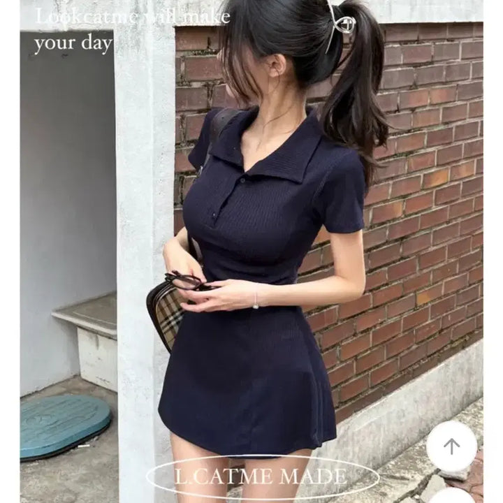 [BUNJANG] A-Line Mini Dress (Navy) / 캘리 카라 골지 플레어 A라인 미니 원피스(남색)