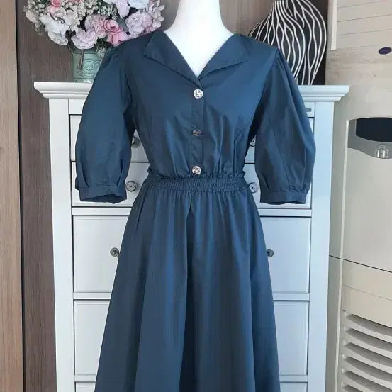 [BUNJANG] Deep Green Midi Dress with Silver Metal Buttons / 원피스 아주이뻐요^^