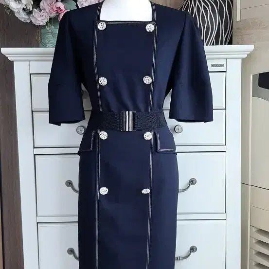 [BUNJANG] Square Neck Button Detail Dress with Belt / 원피스 이뻐요~