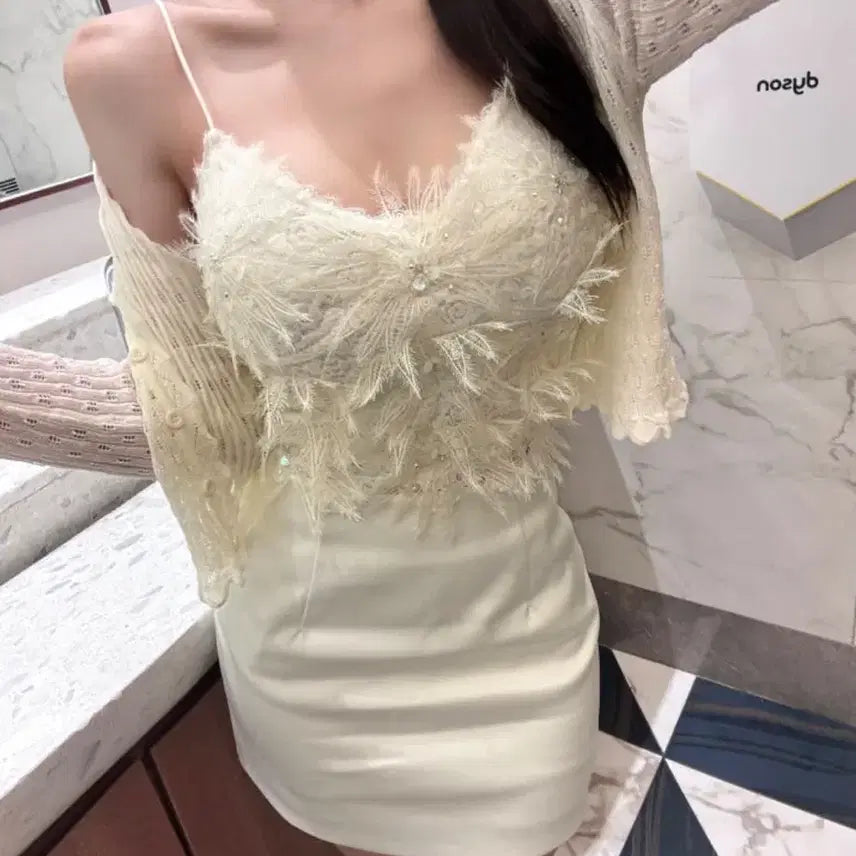 [BUNJANG] Munfever Evelyn Feather Sleeveless Cardigan Set - Ivory / 새상품) 문피버 이브린 페더 나시 가디건 set 아이보리