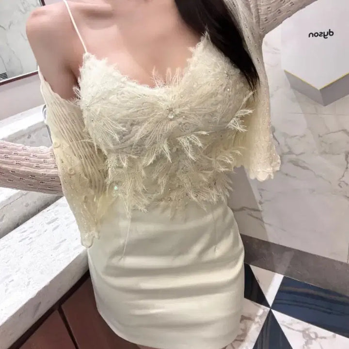 [BUNJANG] Munfever Evelyn Feather Sleeveless Cardigan Set - Ivory / 새상품) 문피버 이브린 페더 나시 가디건 set 아이보리