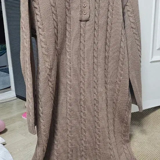 [BUNJANG] Brown Cable Knit Collar Neck Long Dress / 카라넥 꽈배기 니트 롱 원피스