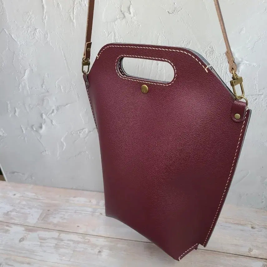 [BUNJANG] Handmade Burgundy Leather Crossbody Tote Bag / 버건디 가죽 크로스백 토트백 수제장인 작품딥그린 새것