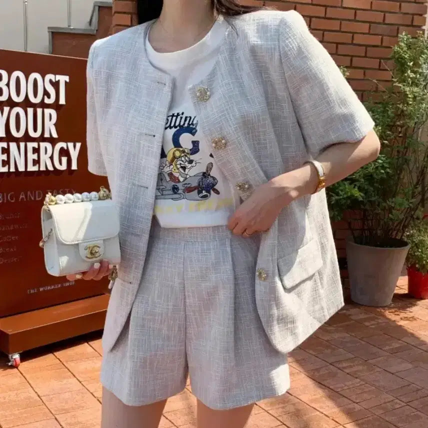 [BUNJANG] by ssiny Wansunny No Puff Jacket Tweed Setup (Jacket, Pants) / 바이씨니(by ssiny) 완써니 노퍼프자켓 트위드 셋업(자켓,팬츠)
