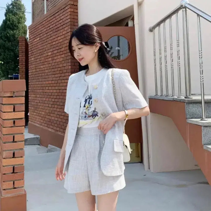 [BUNJANG] by ssiny Wansunny No Puff Jacket Tweed Setup (Jacket, Pants) / 바이씨니(by ssiny) 완써니 노퍼프자켓 트위드 셋업(자켓,팬츠)