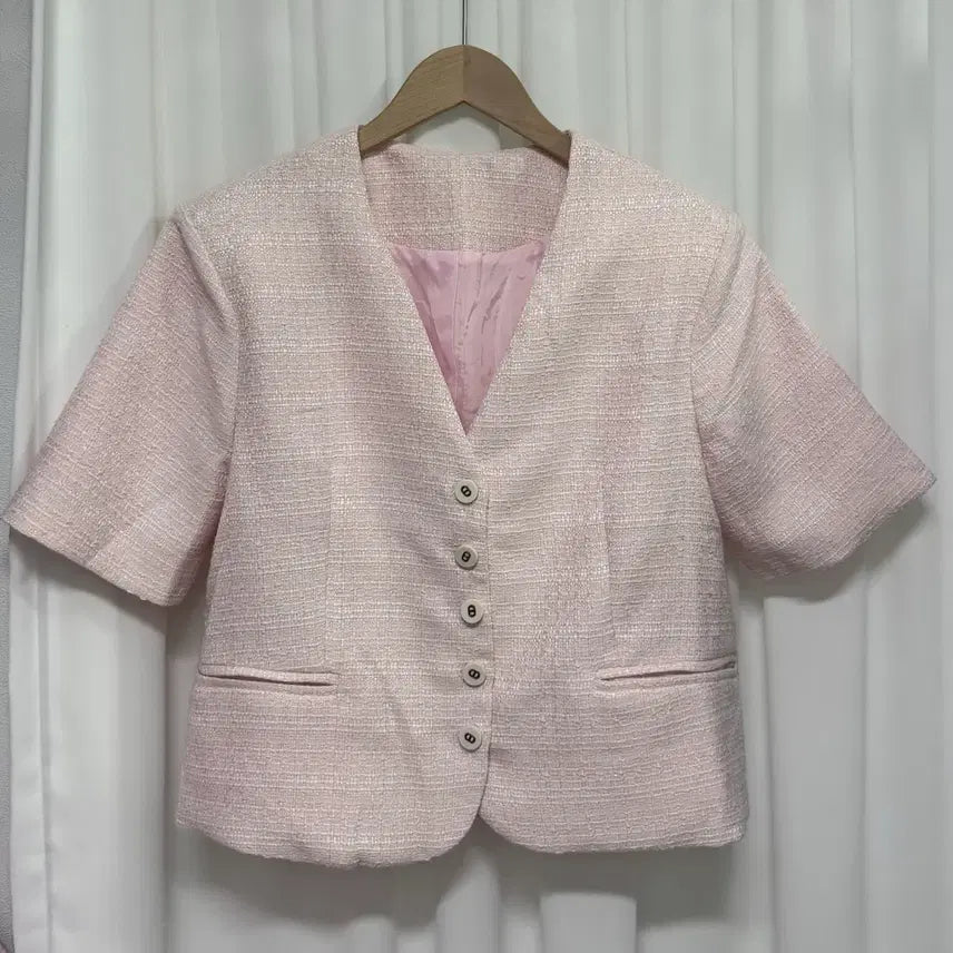[BUNJANG] Light Pink Pearl Tweed Short Sleeve Jacket / [새상품] 연핑크 펄 트위드 반팔 자켓