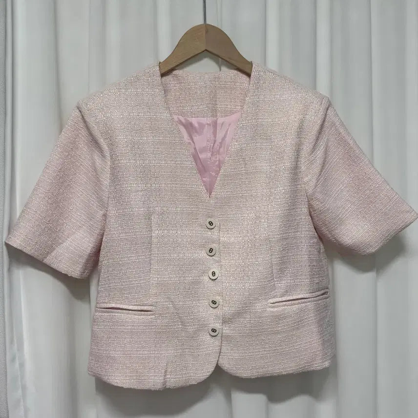 [BUNJANG] Light Pink Pearl Tweed Short Sleeve Jacket / [새상품] 연핑크 펄 트위드 반팔 자켓