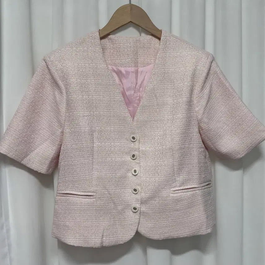 [BUNJANG] Light Pink Pearl Tweed Short Sleeve Jacket / [새상품] 연핑크 펄 트위드 반팔 자켓