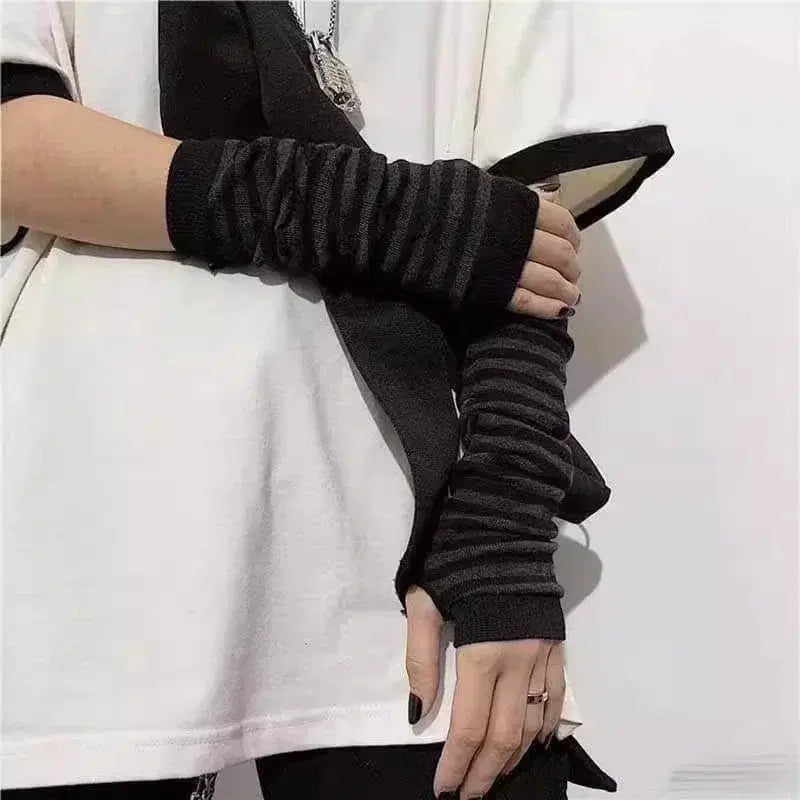 [BUNJANG] Black/Gray Stripe Fingerless Arm Warmers Gloves / 블랙/그레이 스트라이프 핑거리스 암워머 팔토시 장갑