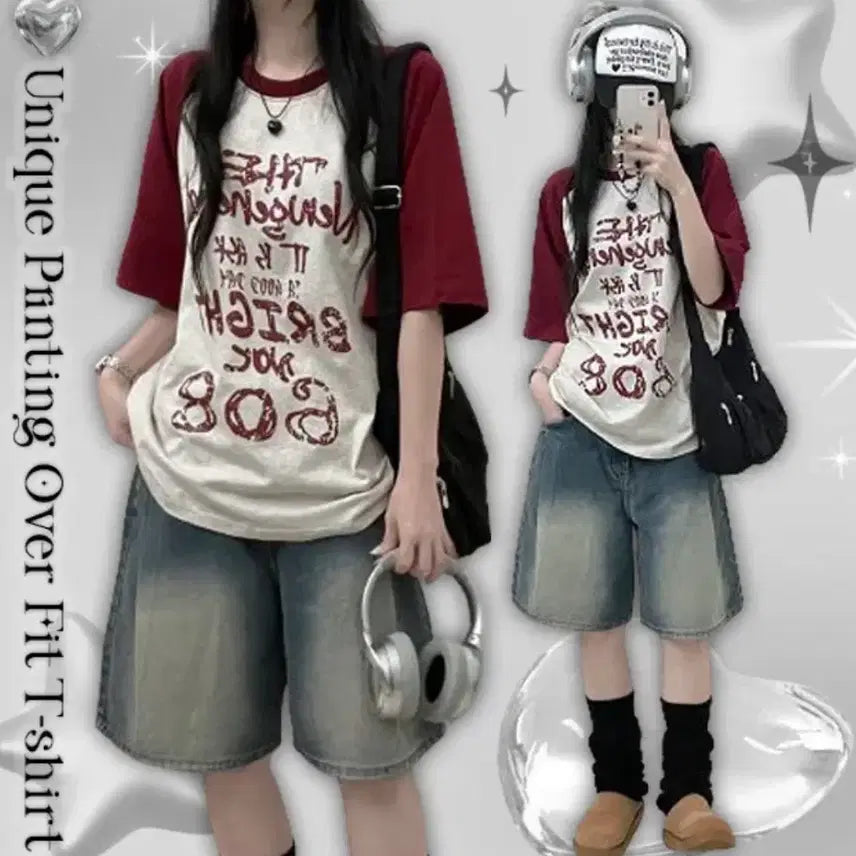 [BUNJANG] Colorblock Raglan Printing Oversized Short Sleeve T-Shirt / 배색 나그랑 프린팅 오버핏 반팔티 에이블리