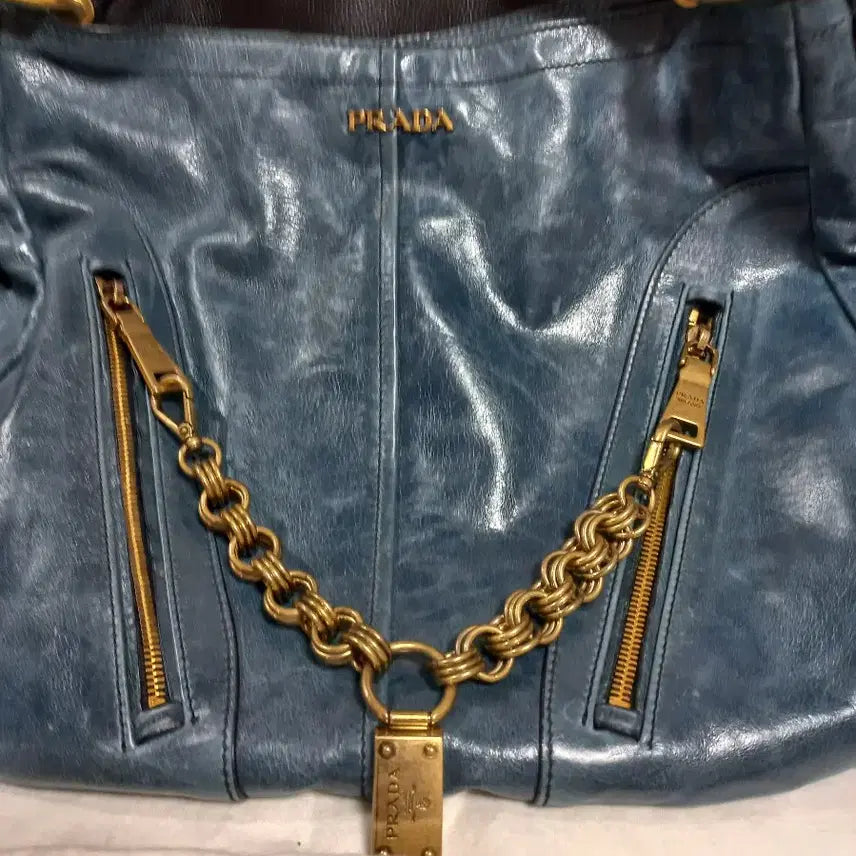 [BUNJANG] Prada Leather Chain Shoulder Bag Blue / 프라다 가죽 체인 숄더백 블루