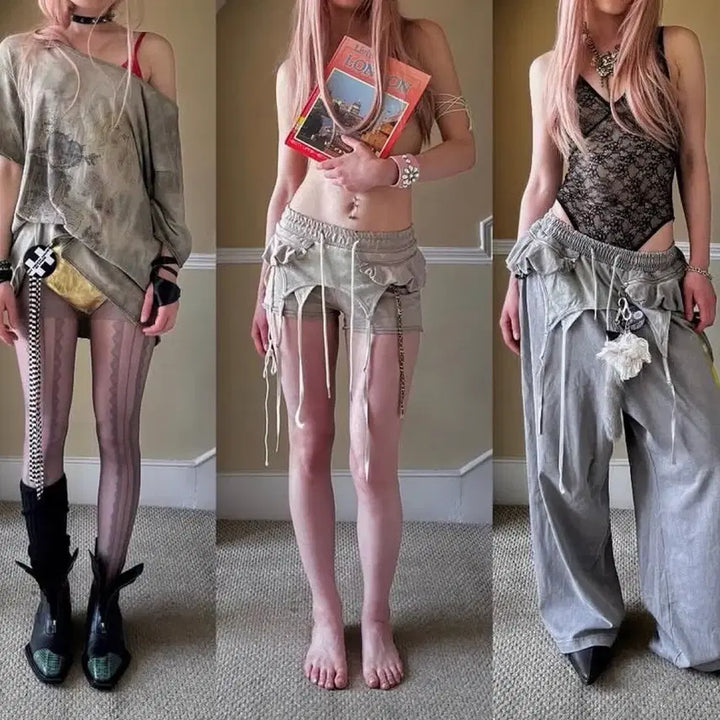 [BUNJANG] Rosakittevine Grunge Layered Shorts Garter Strap Pants / rosakittevine로사킷바인 그런지 레이어드 쇼츠 가터스트랩팬츠태슬