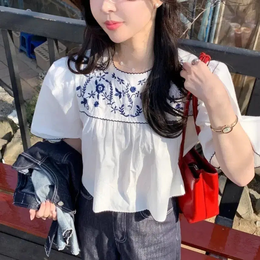 [BUNJANG] Bysini Blue Embroidery Blouse / 무배/새상품/바이씨니 제작블루자수블라