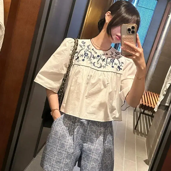 [BUNJANG] Bysini Blue Embroidery Blouse / 무배/새상품/바이씨니 제작블루자수블라