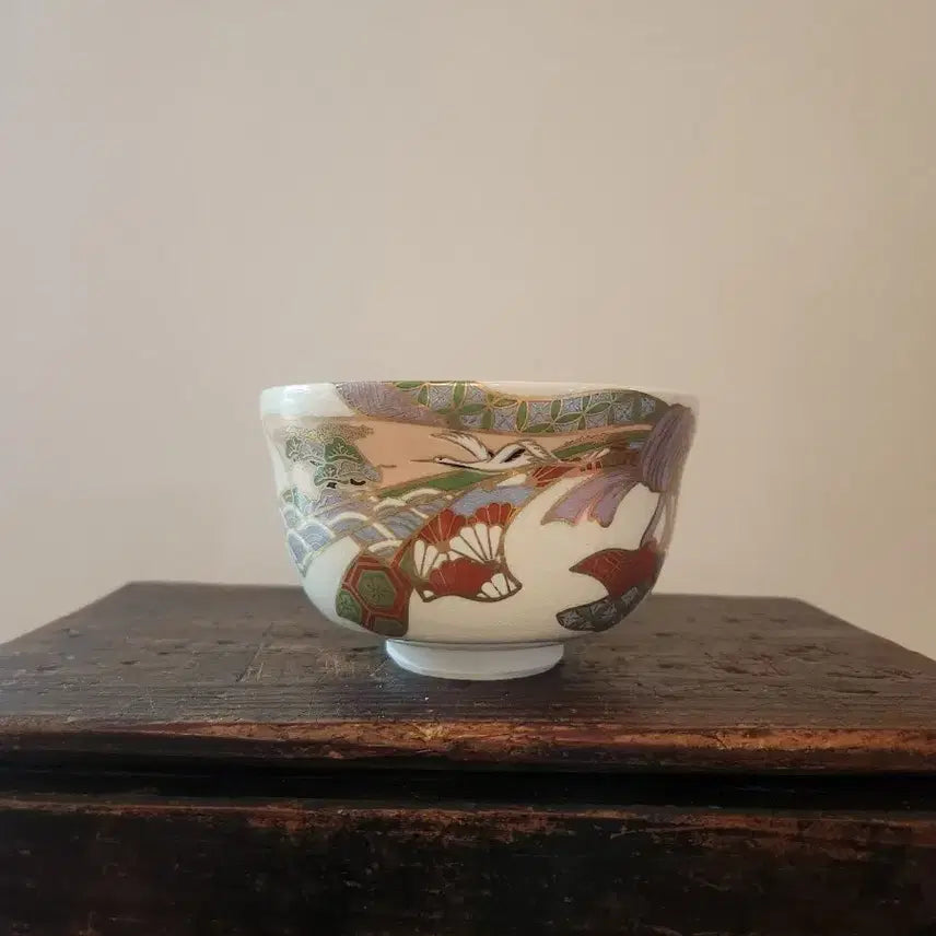 [BUNJANG] Kyo-yaki Celadon Gold Leaf Crane Matcha Tea Bowl / 교야키 금채 학문 말차다완