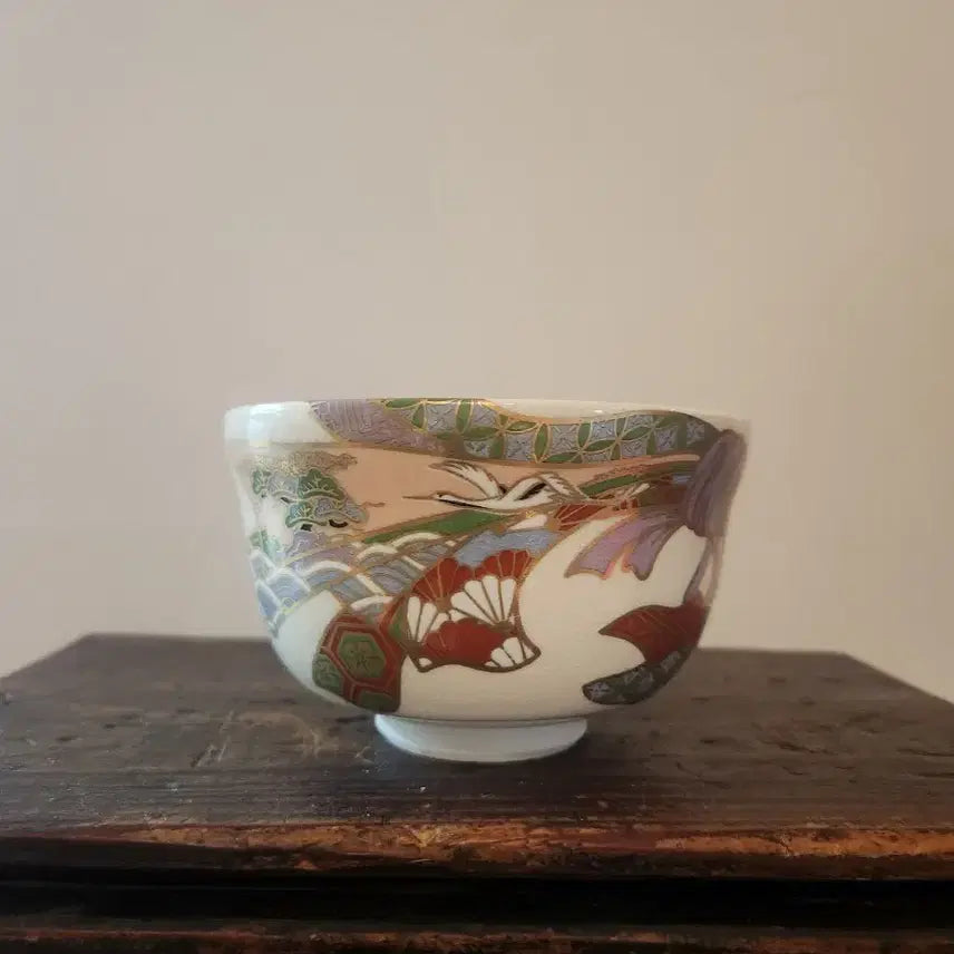 [BUNJANG] Kyo-yaki Celadon Gold Leaf Crane Matcha Tea Bowl / 교야키 금채 학문 말차다완