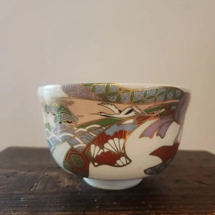 [BUNJANG] Kyo-yaki Celadon Gold Leaf Crane Matcha Tea Bowl / 교야키 금채 학문 말차다완