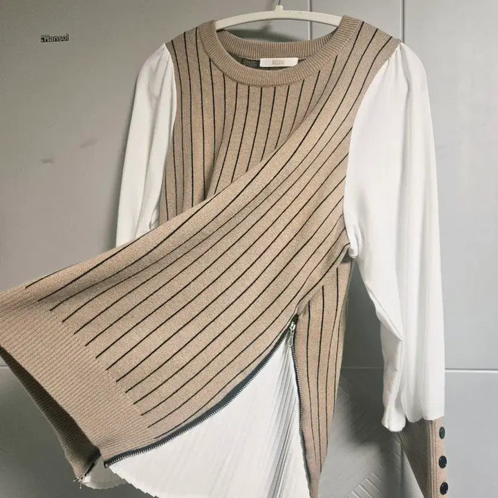 [BUNJANG] MELBON Striped Color-Block Pleated Knit Blouse (Size 66-77) / [S급/멜본] 스트라이프 배색 플리츠 니트 블라우스 (66~77)