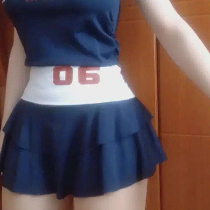 [BUNJANG] American College Style Two-Piece Set - Short Sleeve Top &amp; Skirt / 투피스 세트 반팔 스커트 아메리칸 코스프레 옷