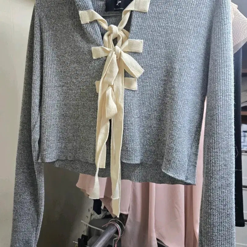 [BUNJANG] Ribbon Hood Knit Cardigan / (새거)리본  후드 니트가디건