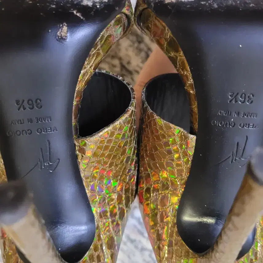 [BUNJANG] Giuseppe Zanotti Metallic Gold Heeled Mules/Slides / 정품 쥬세페 자노티 뱀피 샌들 힐 골드 킬힐 뮬 슬라이드