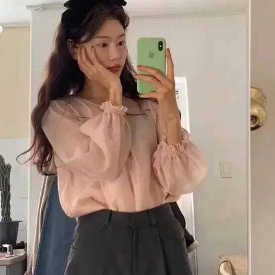 [BUNJANG] Underbee Organza Frill Blouse Pink / 언더비 오간자 프릴 블라우스 핑크