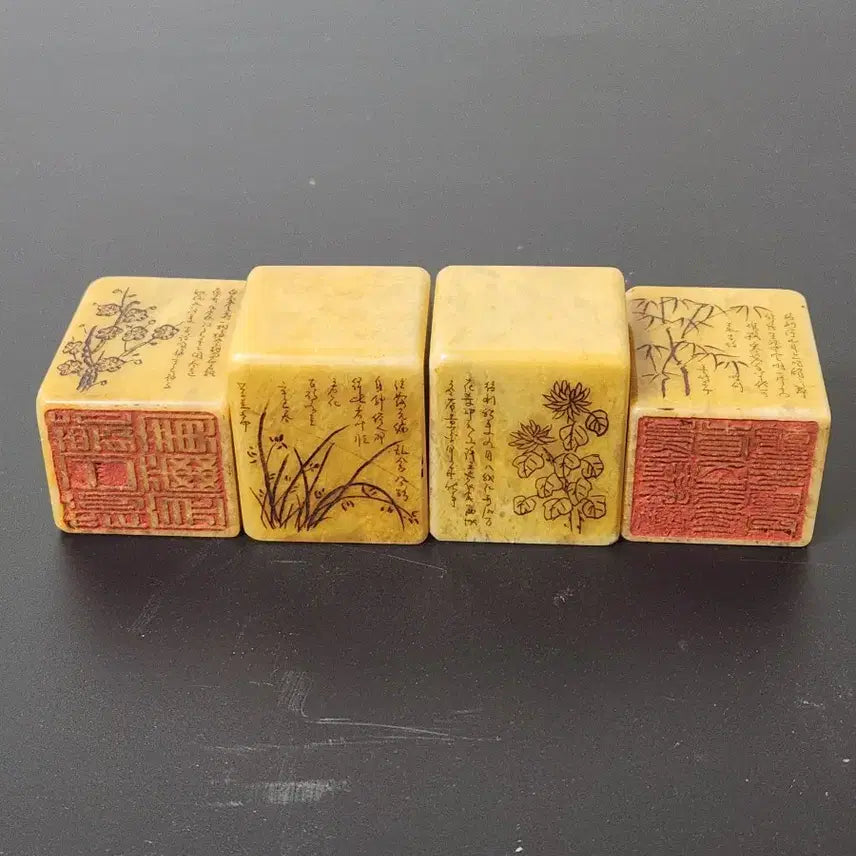 [BUNJANG] Yellow Jade Seal - Four Gentlemen Series (Plum, Orchid, Chrysanthemum, Bamboo) / 황옥 사군자 매난국죽 인장 높이3.9cm폭3.3cm 중국도자기