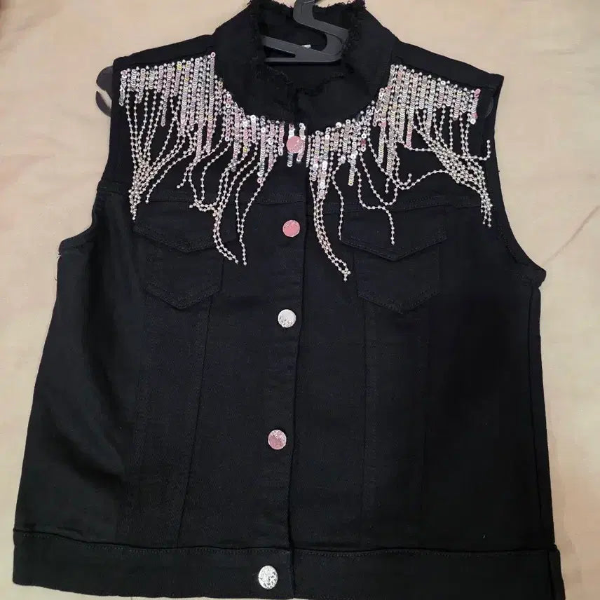 [BUNJANG] Black Sequin Denim Vest / 블랙 스팽글 데님 조끼 청베스트
