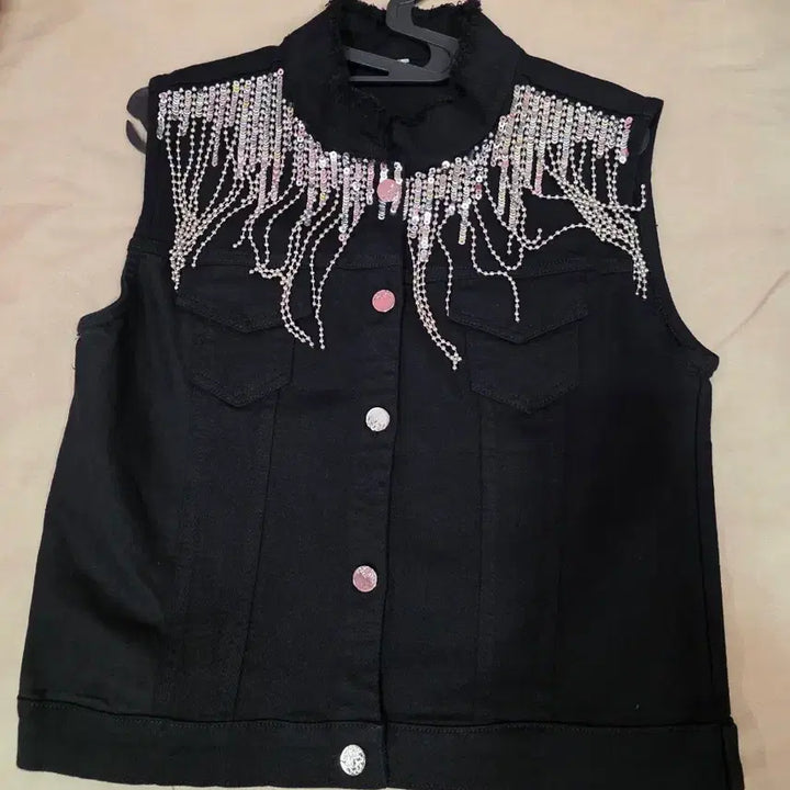 [BUNJANG] Black Sequin Denim Vest / 블랙 스팽글 데님 조끼 청베스트