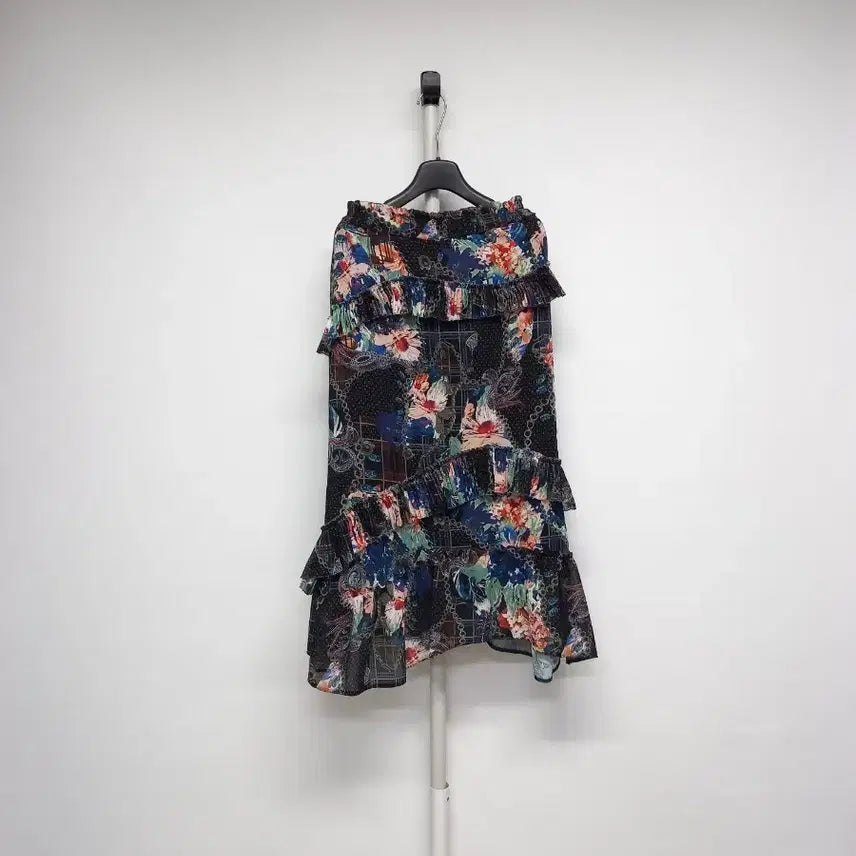 [BUNJANG] TIME Choon Ha Chiffon Kang Kang Long Skirt Black Mixed Pattern Size 61 / 타임 TIME 춘하 쉬폰 캉캉 롱 스커트 61 33-55