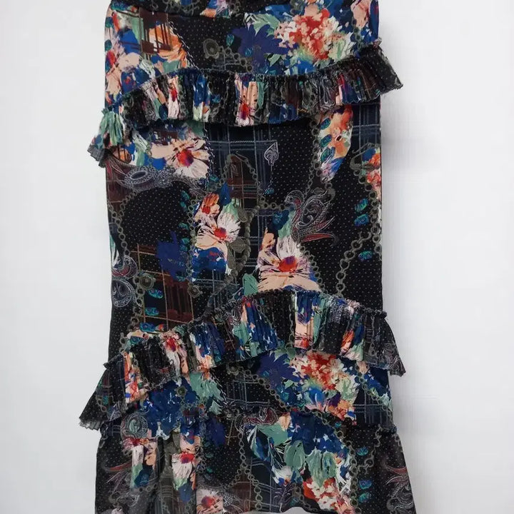 [BUNJANG] TIME Choon Ha Chiffon Kang Kang Long Skirt Black Mixed Pattern Size 61 / 타임 TIME 춘하 쉬폰 캉캉 롱 스커트 61 33-55