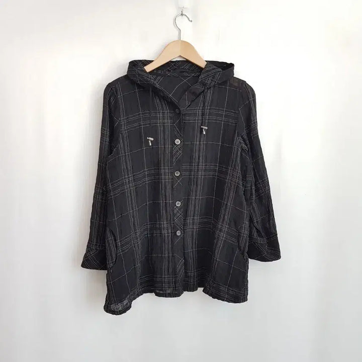 [BUNJANG] Vintage Check Pattern Rolled Sleeve Hooded Shirt (Women&