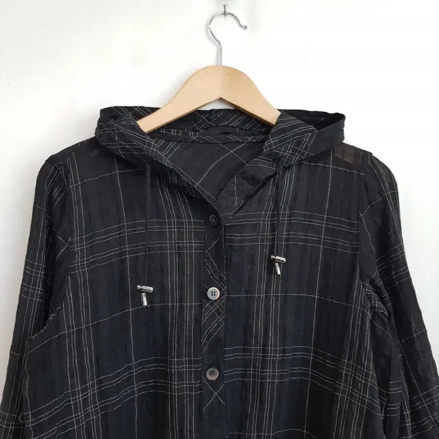 [BUNJANG] Vintage Check Pattern Rolled Sleeve Hooded Shirt (Women&