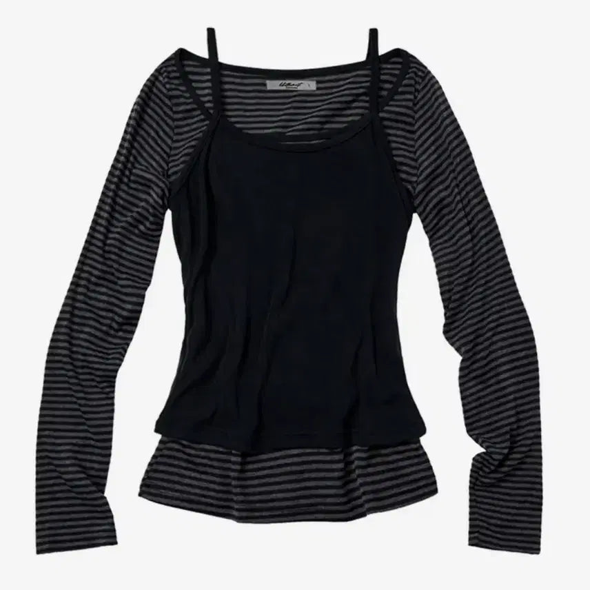 [BUNJANG] Likethemost Striped Layered Long Sleeve Top Charcoal / 라이크더 모스트 스트라이프 레이어드 차콜